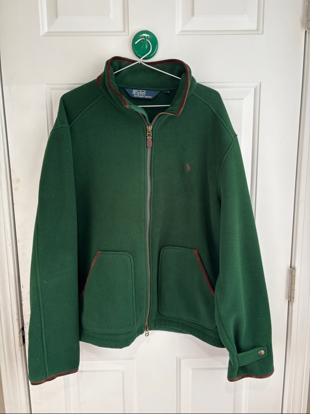 Vintage Polo by Ralph Lauren Dark Green Zip-Front Fleece Jacket brown suede trim